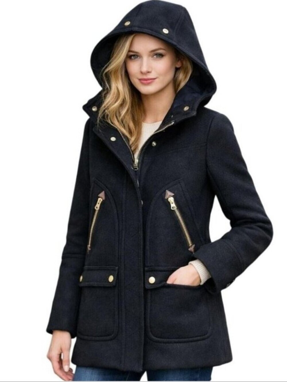 J. Crew Chateau Black Italian Stadium Cloth Wool Hooded Parka Coat 0 Zip Jacket